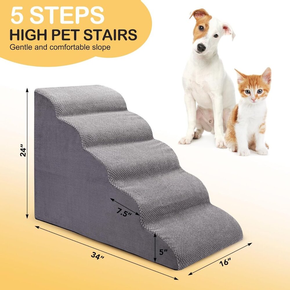Gray 5-Step High Pet Stairs for Dogs and Cats